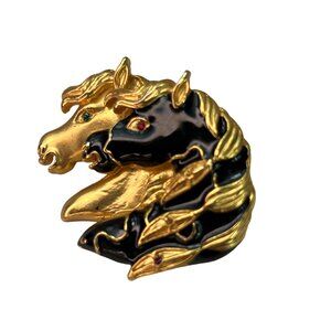 Vintage Gold Tone & Black Enamel Horse Head Brooch Pin Rhinestone Eyes Mane
